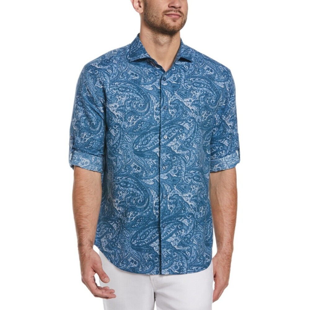 Cubavera Men's Button up shirt Roll-up Paisley Print Linen Cotton Blue size 2XL